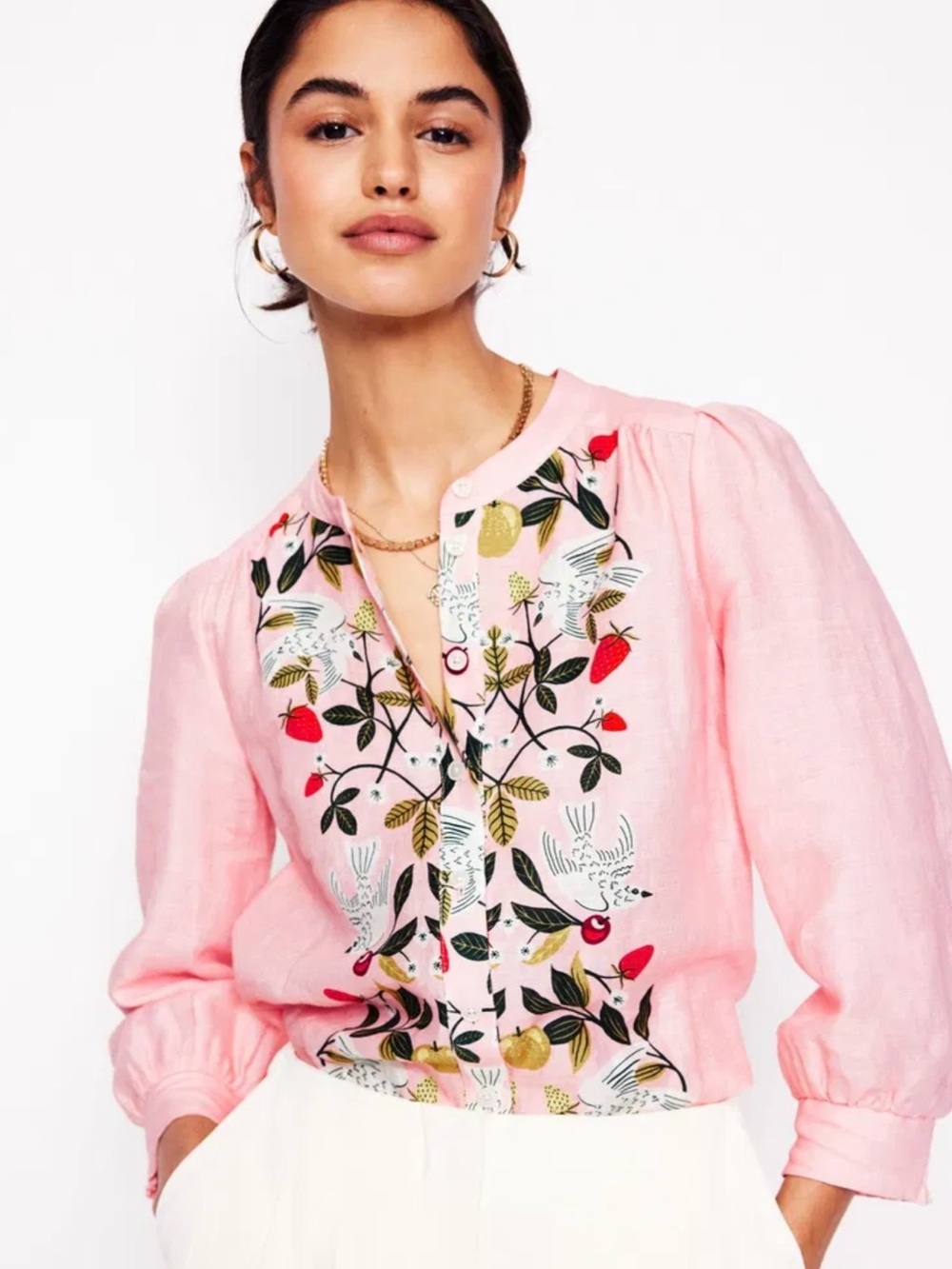 The Boden Alicia Linen Top Size 16-18 Blouse Shirt Floral Balloon Sleeve Linen